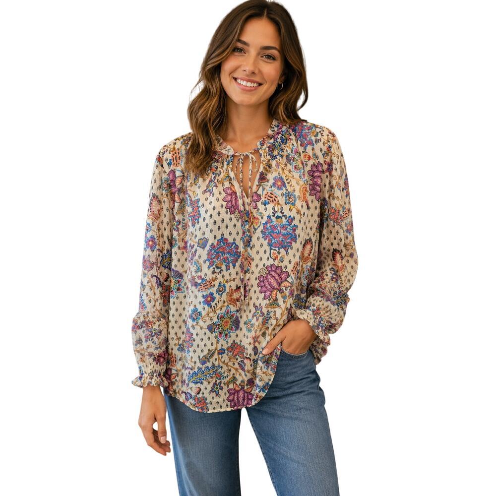 Loft metallic chiffon layered peasant floral colorful long sleeve Career top XL